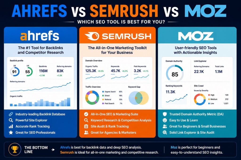 ahrefs vs semrush vs moz